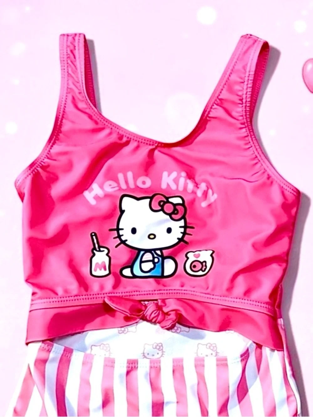 Hello Kitty by Sanrio Girls Swimsuit Pink Striped One‑Piece S 6/6X EUC